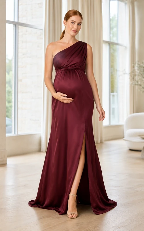 Burgundy Jersey One Shoulder Sleeveless Empire Slit Floor Length Maternity Evening Gown