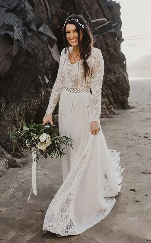 Vestido de novia sencillo de manga larga y modesto | Vestido de novia bohemio de encaje para ceremonia civil