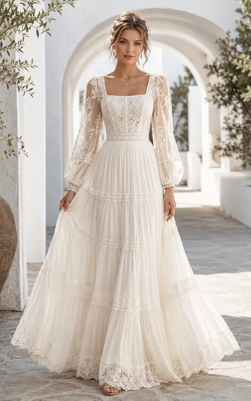 Robe de mariée longue en tulle à volants, coupe trapèze, col carré, manches longues et dos zippé festonné