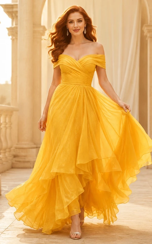 Vestido de noche romántico dorado de tul con hombros descubiertos, manga corta y corte en A asimétrico.