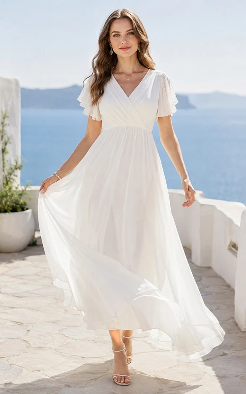 Casual Short Sleeve V-neck Chiffon High-low Destination Wedding Dress