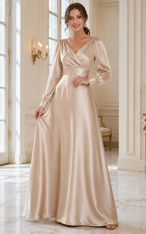 Champagne V-Neck Poet-Sleeve Ruched Satin Elegant A-Line Floor Evening Gown