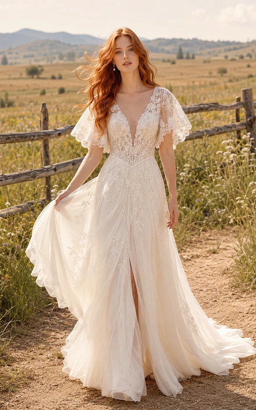Vestido de novia de tul y encaje estilo campestre, corte en A, tirantes finos, cola capilla y escote en V bajo en la espalda.