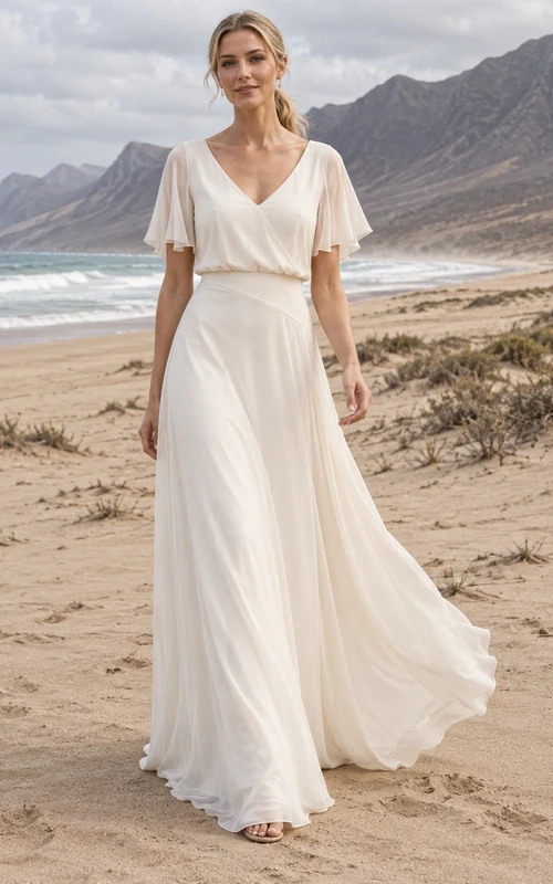 Vestido de novia sencillo de georgette con escote en V, corte en A, mangas cortas y cola.