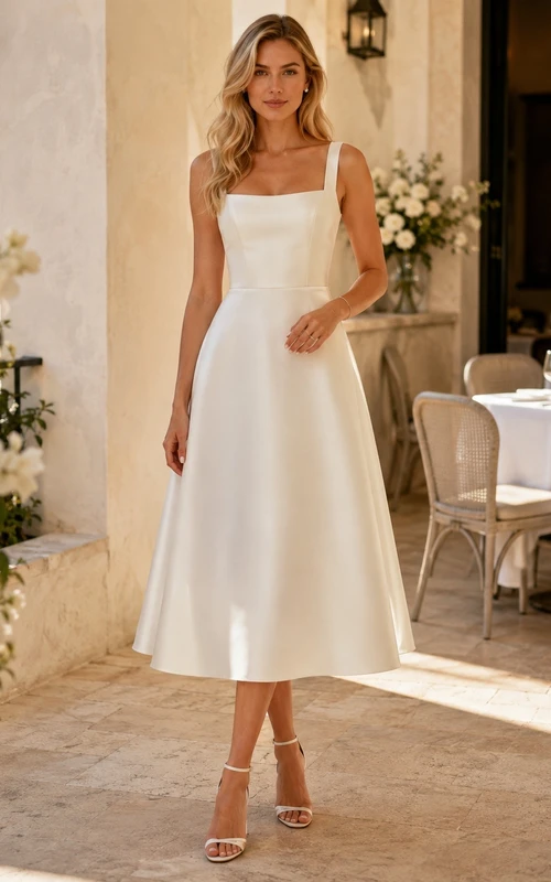 Schlichtes, wadenlanges Brautkleid aus Satin mit eckigem Ausschnitt im klassischen A-Linien-Schnitt