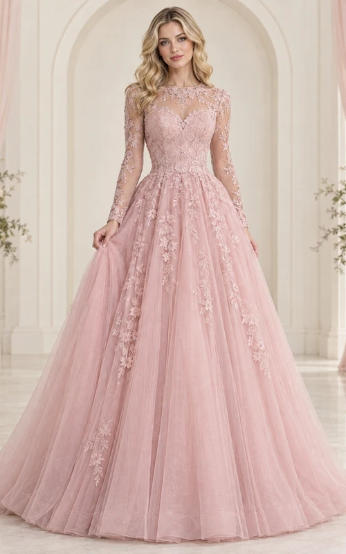 Robe de bal modeste à manches longues en tulle et dentelle florale rose poudré.