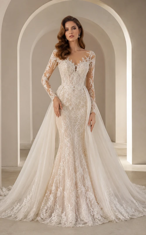 Robe de mariée sirène en dentelle épurée, décolleté en V profond, manches longues, traîne chapelle, ornée d'appliques, idéale pour une salle de bal.