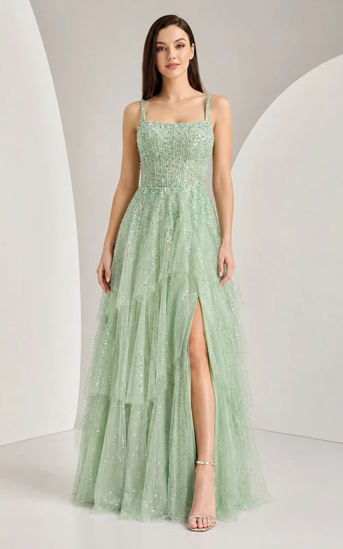 Luxury Mint Spaghetti Glitter Tulle Tiered A-Line Floor-Length Split Prom Gown