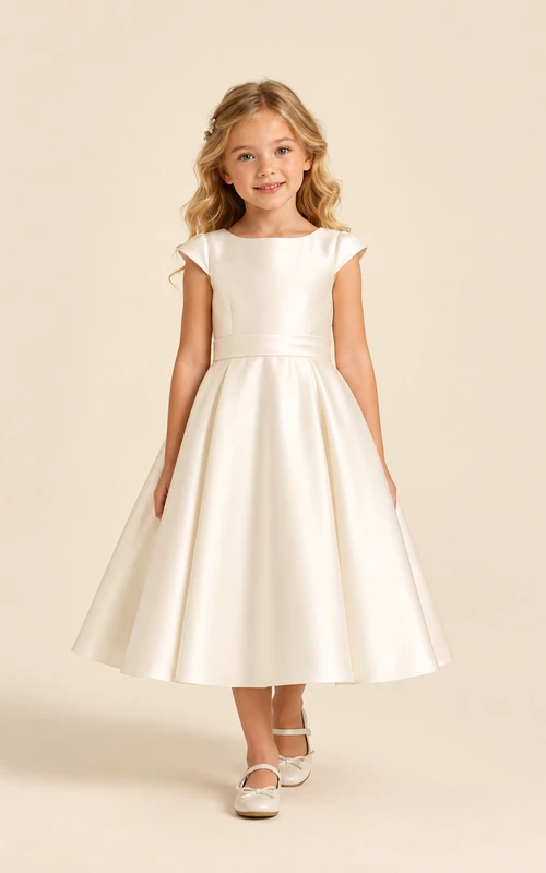 Flower Girl Dress Ivory Satin A-Line Jewel Neck Tea Length Bow Detail
