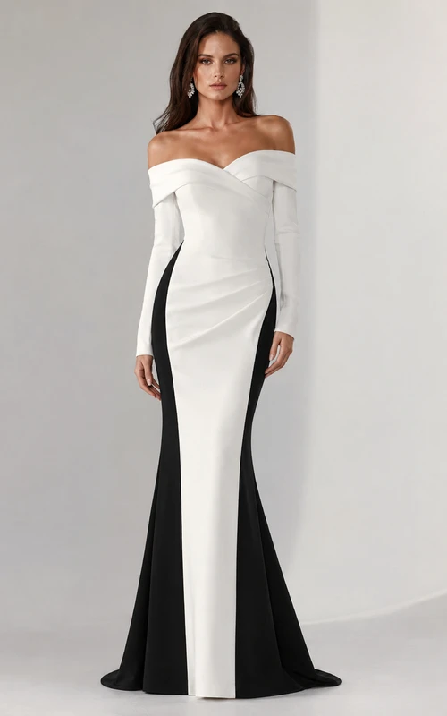 Vestido de noche de satén estilo sirena con escote Bardot, manga larga y bloques de color, largo hasta el suelo.
