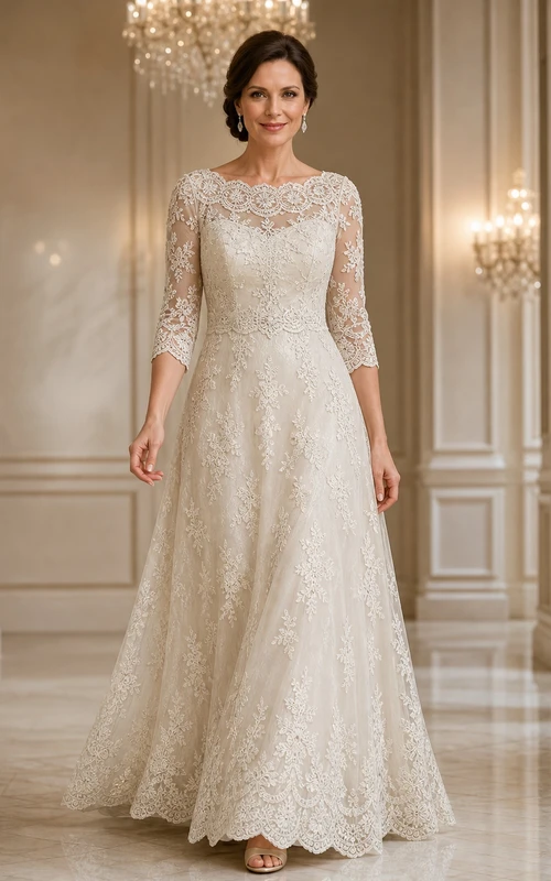 Robe de mariée sobre en dentelle, coupe trapèze, manches trois-quarts, à imprimé botanique dense, longueur au sol, encolure bateau.