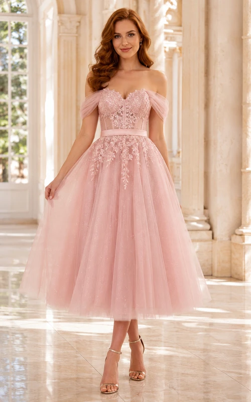 Romantic Blushing Pink Tulle Prom A Line Tea Length Off Shoulder Corset Dress