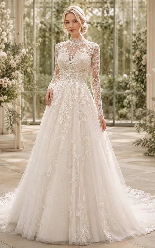 Robe de mariée trapèze en dentelle botanique à manches longues et col montant, coupe illusion, traîne chapelle, en dentelle botanique.