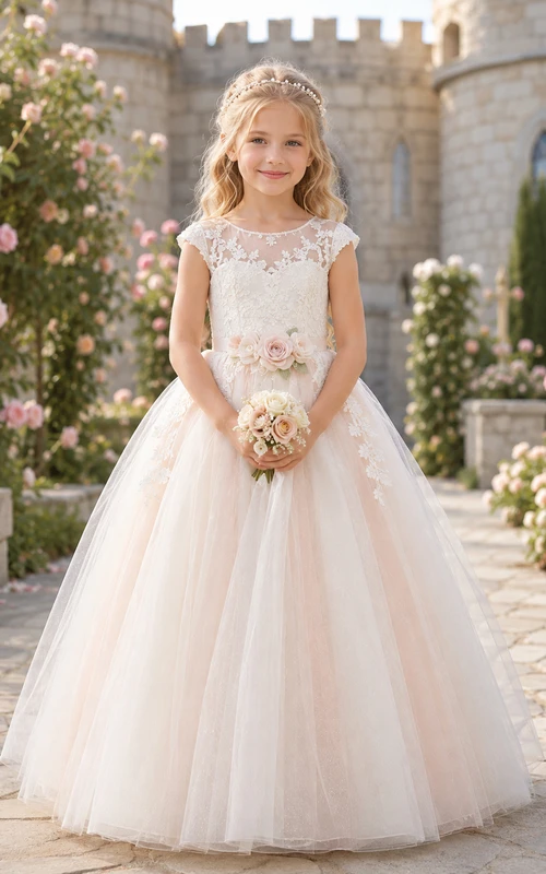 Blush Flower Girl Dress with Illusion Lace Cap Sleeves, Floor-Length Ball Gown Tulle Skirt and Dimensional Rose Waist Appliques