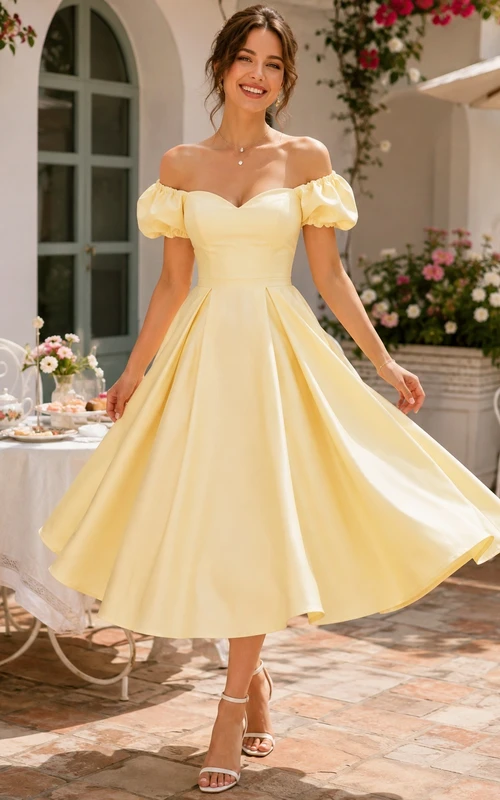 Daffodil Satin Off-the-shoulder Puff Sleeve A-Line Tea-Length Vintage Dress