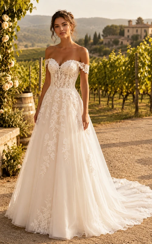 Vestido de novia de encaje con escote Bardot, corte en A, apliques florales y cola de capilla.