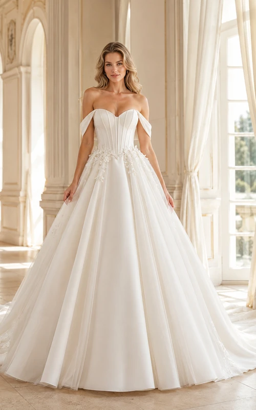 Robe de bal en satin plissé à épaules dénudées et manches courtes, avec traîne chapelle et structure luxueuse.