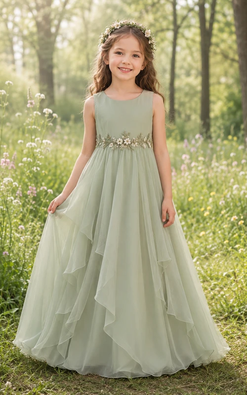 Blumenmädchenkleid aus salbeifarbenem Tüll, A-Linie, Rundhalsausschnitt, bodenlang