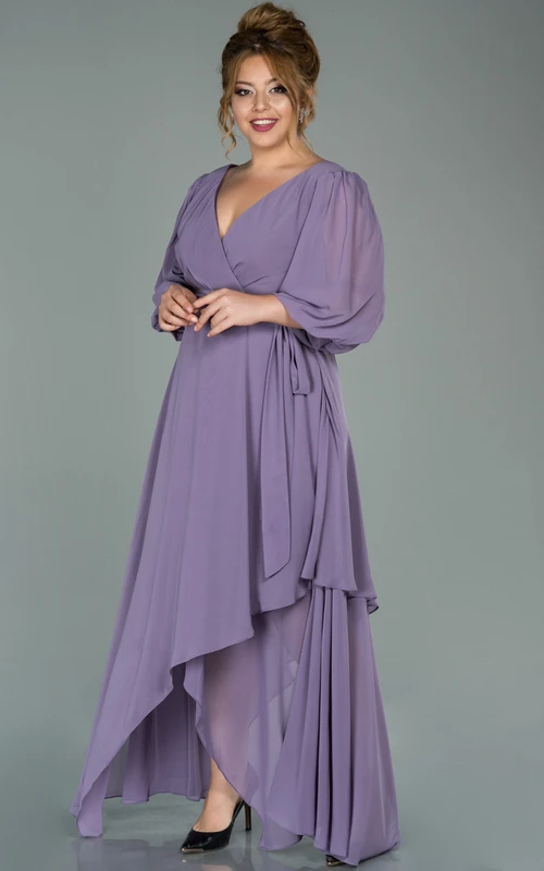 Robe de soirée grande taille en mousseline à col V, manches mi-longues, coupe empire pétale, col en V et manches courtes