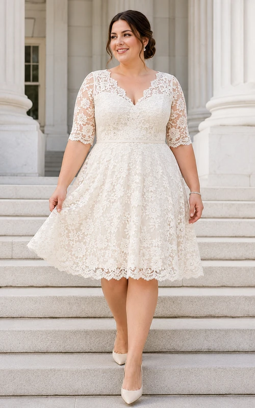 Robe de mariée vintage grande taille à col en V festonné, manches mi-longues en dentelle, coupe trapèze, longueur genou, idéale pour une cérémonie civile.
