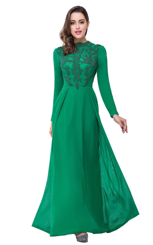 Robe de soirée élégante verte à manches longues et perles, longue robe de cocktail en mousseline
