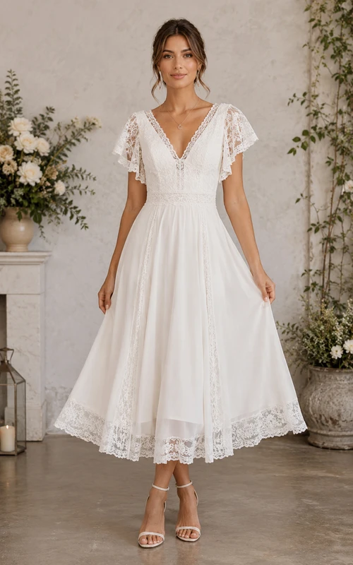 Ivory Tea-length V-neck Chiffon A-line Wedding Dress with Lace