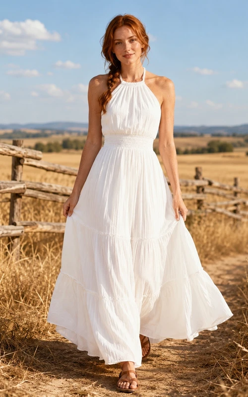 Robe d'été décontractée blanche champêtre en mousseline, coupe trapèze, dos nu et longue jusqu'au sol