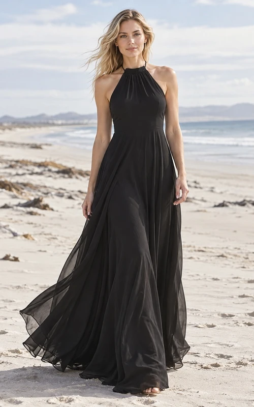 Schlichtes schwarzes Neckholder-Brautkleid mit hohem Kragen und fließender A-Linie