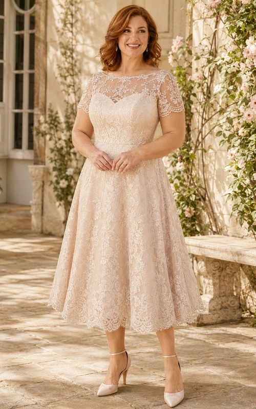 Romantisches zweites Hochzeitskleid in Übergröße: Rosafarbenes Spitzenkleid mit U-Boot-Ausschnitt, kurzen Ärmeln, A-Linie und Teelänge