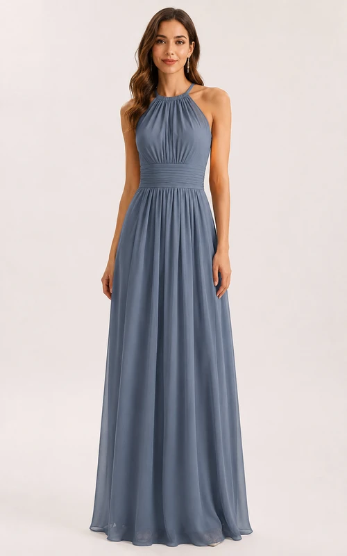 Chiffon Prom Dress in Steel Blue, Halter, High Neck A-Line Floor-Length Gown with Pleats