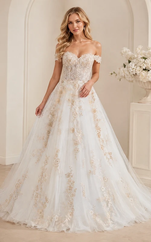 Romantisches Brautkleid in A-Linie mit vergoldeter Spitze, schulterfrei, kurzen Ärmeln und bodenlanger Schleppe