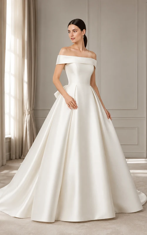 Ballkleid aus Satin für Hochzeiten mit schulterfreiem Ausschnitt und Schleppe mit Schleife am Rücken.