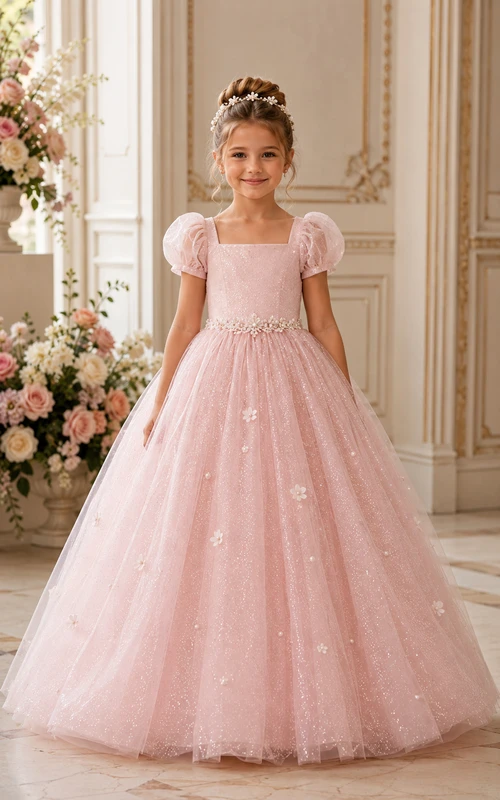 Princess Pink Puff Sleeve Tulle Flower Girl Ball Gown with Floral Appliques