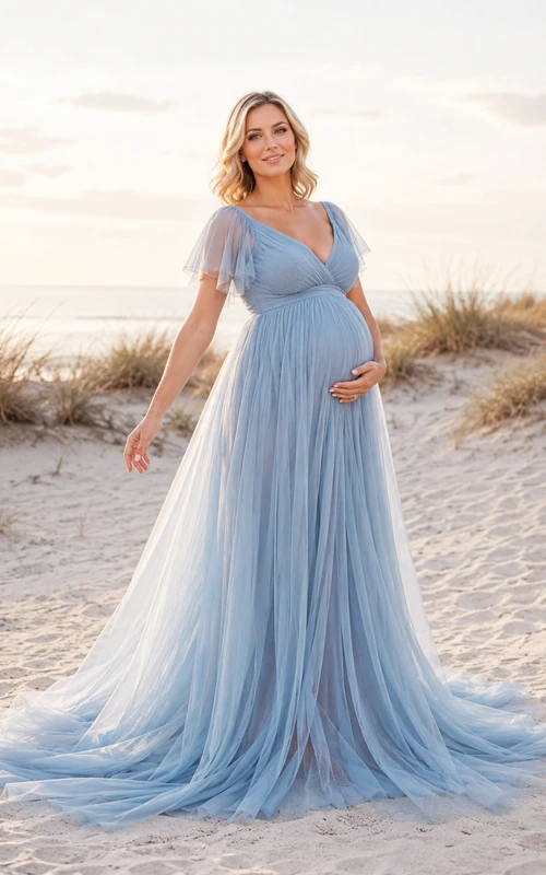 Strandkleid aus Tüll, Umstandsmode, stahlblau, A-Linie, bodenlang, mit Schleppe, V-Ausschnitt, kurzen Ärmeln, ätherisch, romantisch, für festliche Anlässe
