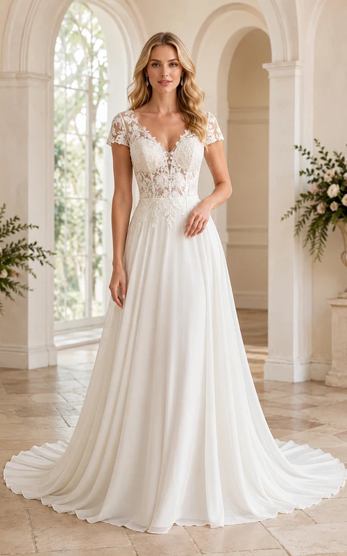 Robe de mariée élégante en dentelle et mousseline, longue jusqu'au sol, col en V, manches courtes et romantique.