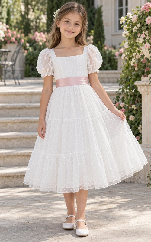 Vestido de niña de flores blanco de corte A con escote cuadrado, mangas abullonadas y volantes rosas, largo hasta la rodilla.
