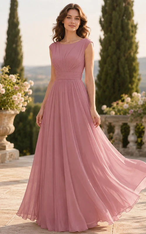 Dusty Rose Bateau Chiffon A Line Formal Dress