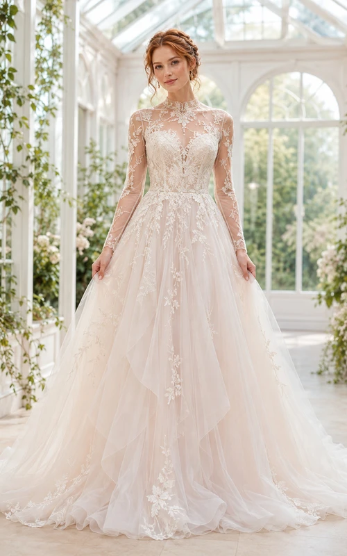 Robe de mariée modeste en dentelle et tulle, coupe sirène, col rond, manches longues et traîne chapelle.