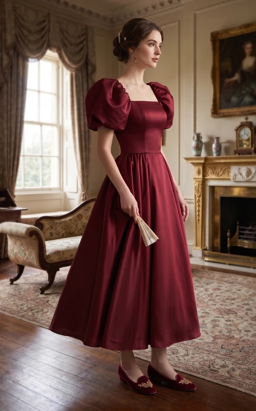 Vestido victoriano vintage de corte A con mangas abullonadas | Vestido de fiesta de dama de honor de talla grande estilo años 50 de la época de la Regencia | Ropa modesta para graduación