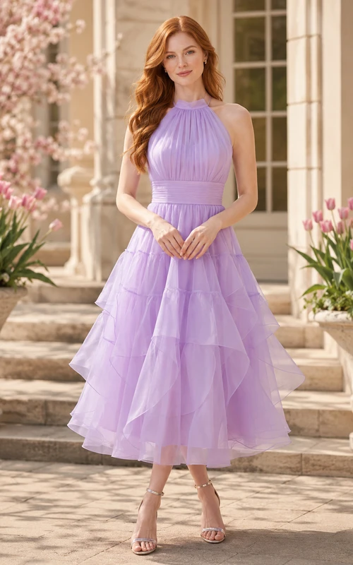 Robe midi printanière en tulle à volants et dos nu lavande
