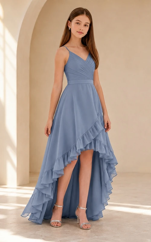 Vestido de dama de honor juvenil azul acero, corte en A, sin mangas, asimétrico, de gasa, con volantes, estilo romántico.