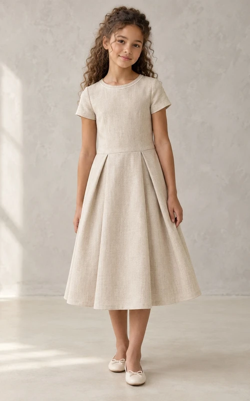 Modest Simple Sand Tea-length Dropped Waist Compact Short Sleeve Full Flower Girl Dress