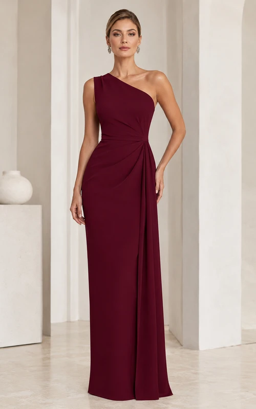 Bordeauxrotes, schulterfreies Crêpe-Abendkleid im Säulenstil