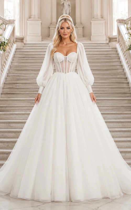 Vestido de novia formal de gala de tul con escote corazón romántico
