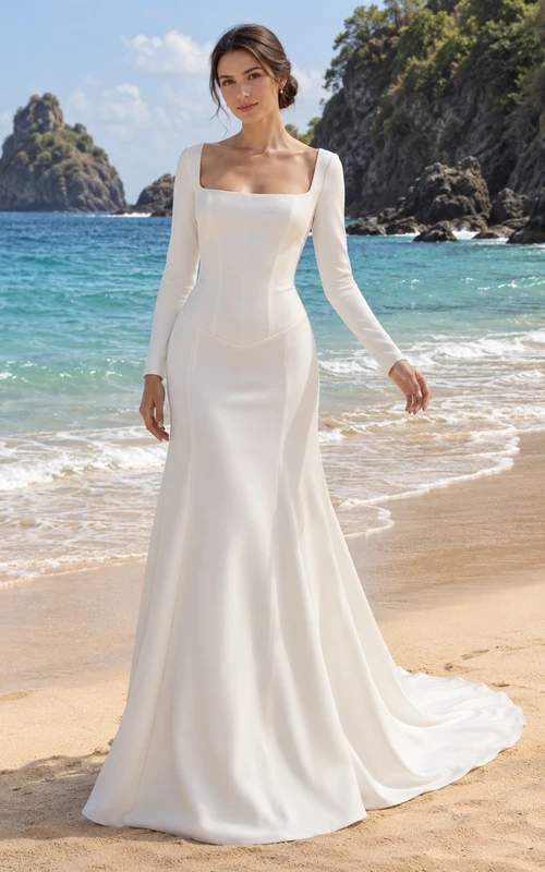 Meerjungfrauen-Brautkleid aus Crêpe mit eckigem Ausschnitt, langen Ärmeln, Oberteil und Schleppe