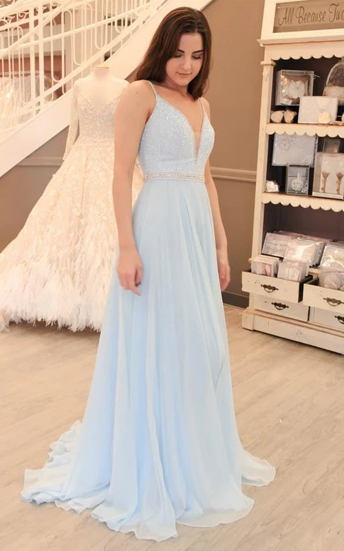 Ärmelloses A-Linien-Chiffonkleid mit Spaghettiträgern, Reißverschluss und tiefem V-Ausschnitt am Rücken