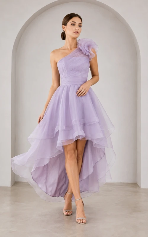 Robe de cocktail asymétrique lavande à volants en organza à fleurs, à une épaule et coupe trapèze.