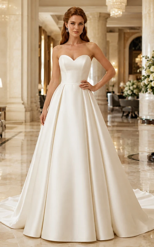 Vestido de novia minimalista de satén, estilo princesa, sin tirantes, con escote corazón y cola larga.