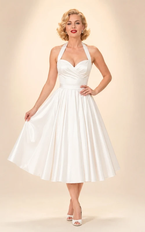 Robe d'invitée élégante vintage en mousseline blanche, dos nu, sans manches, coupe trapèze, longueur thé, plissée, style vintage.