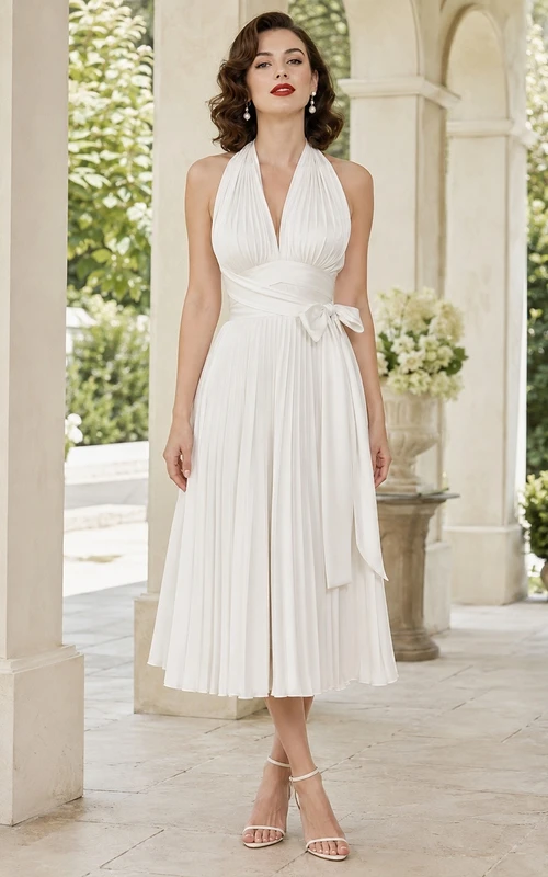 White Vintage Halter Draped Chiffon A-Line Tea-Length Elegant Formal Dress